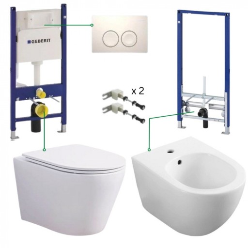 Set vas wc suspendat rimless cu capac si cu bideu, rezervor incastrat plus clapeta, Foglia Oslo