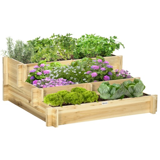 Outsunny Jardiniera pentru plan de cultivare inaltat pe 3 niveluri din lemn de brad, culoare lemnului, 93x93x35 cm | Aosom Romania