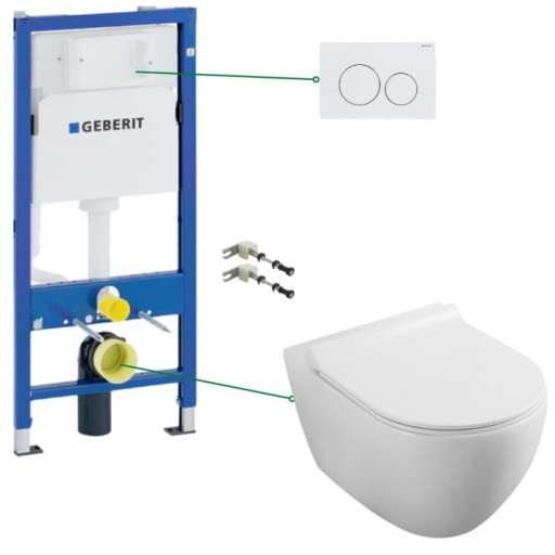 Set vas wc suspendat rimless cu capac soft close, rezervor incastrat si clapeta alba Geberit