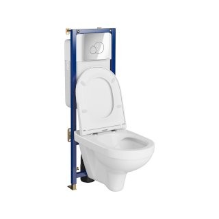 Set vas wc suspendat CleanOn Zip cu capac soft close, rezervor incastrat si clapeta crom lucios butoane rotunde