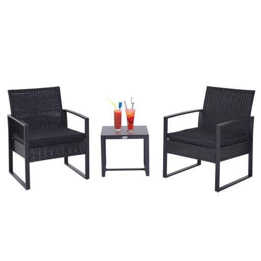 Set Mobilier in Rattan Outsunny de Extern Masa cu 2 Scaune si Perne , Negru | Aosom Romania