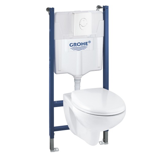 Set complet Grohe Solido 4in1 cu vas wc Lecico Geo Rimless cu capac rezervor incastrat cu cadru si clapeta Skate Air alb