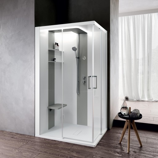 Cabina de dus dreptunghiulara cu hidromasaj si sauna Novellini Skill A Hammam 120x100cm cadita joasa 4.5cm orientare stanga interior alb lucios finisaj Pearl Grey