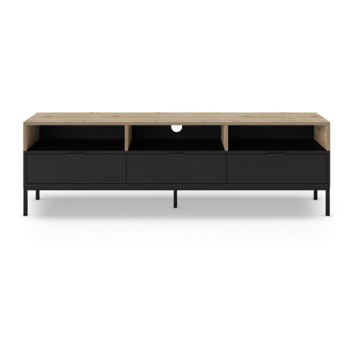 Masă TV neagră/în culoare naturală cu aspect de lemn de stejar 180x55 cm Marion – Marckeric