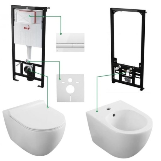 Set vas wc cu capac soft close si cu bideu, rezervor incastrat plus clapeta alba si izolare fonica, Minerva