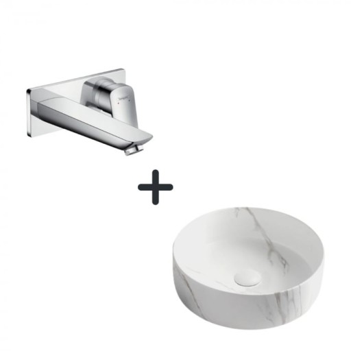 Set lavoar baie rotund efect marmura Foglia plus baterie incastrata crom Hansgrohe Logis