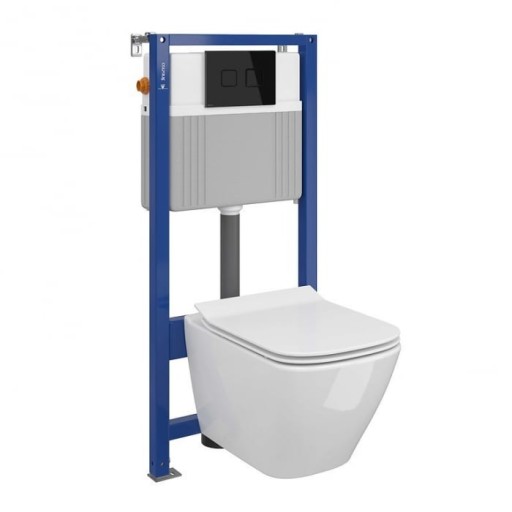 Set vas wc suspendat City Square cu capac soft close, rezervor incastrat pneumatic Aqua 52 si clapeta sticla neagra