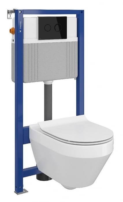 Set vas wc suspendat Crea oval cu capac soft close, rezervor incastrat pneumatic Aqua 52 si clapeta sticla neagra