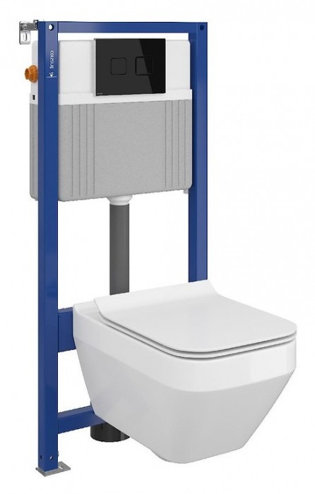 Set vas wc suspendat Crea cu capac soft close, rezervor incastrat pneumatic Aqua 52 si clapeta sticla neagra