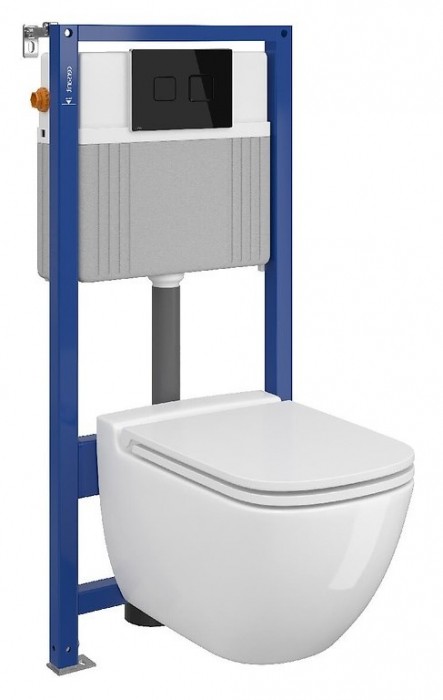 Set vas wc suspendat Caspia cu capac soft close, rezervor incastrat pneumatic Aqua 52 si clapeta sticla neagra