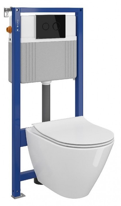 Set vas wc suspendat City cu capac soft close, rezervor incastrat pneumatic Aqua 52 si clapeta sticla neagra