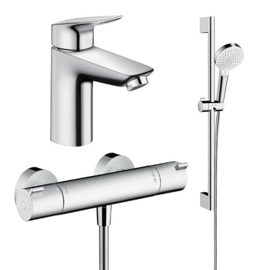 Set baterie lavoar, baterie dus termostatata si set dus, crom, Hansgrohe Ecostat Termostatic