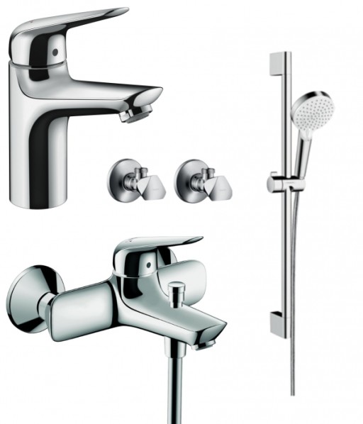 Set baterie lavoar, baterie cada, set dus si 2 robineti coltar, crom, Hansgrohe Novus