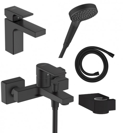 Set baterie lavoar, baterie cada si set de dus, negru mat, Hansgrohe Vernis Shape