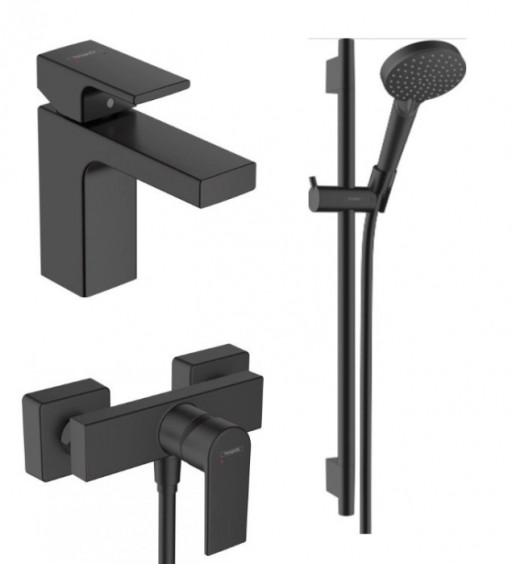 Set baterie lavoar, baterie dus si set de dus, negru mat, Hansgrohe Vernis Shape