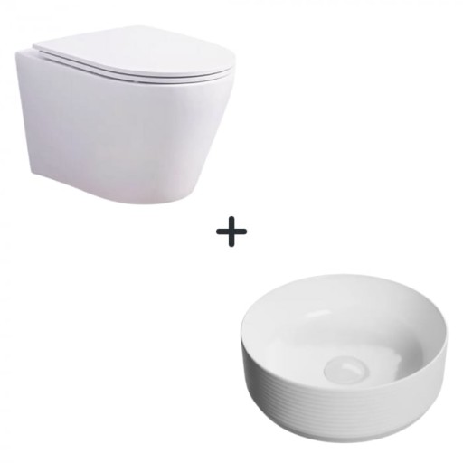 Set vas wc rimless cu capac soft close Oslo plus lavoar baie rotund alb