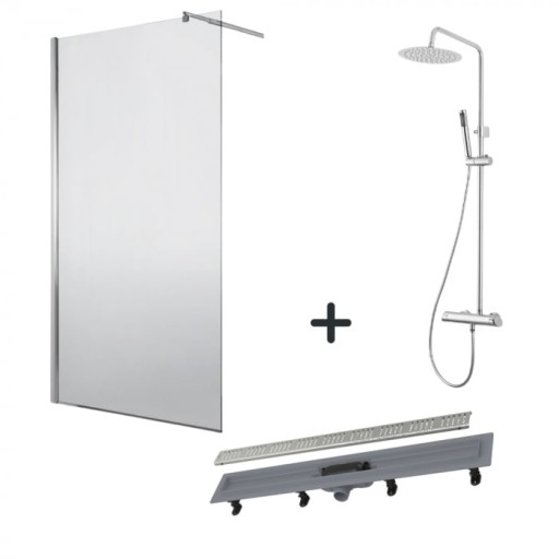 Set paravan dus walk-in 90x200 cm, rigola si coloana de dus crom Arnika