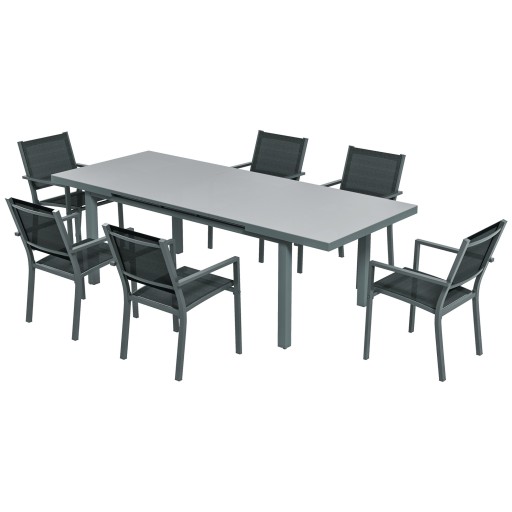 Outsunny Set de Dining din 7 Piese pentru Terasă, Masă Extensibilă cu Blat din Sticlă Securizată și 6 Scaune , 186/246x100x77 cm, Gri | Aosom Romania