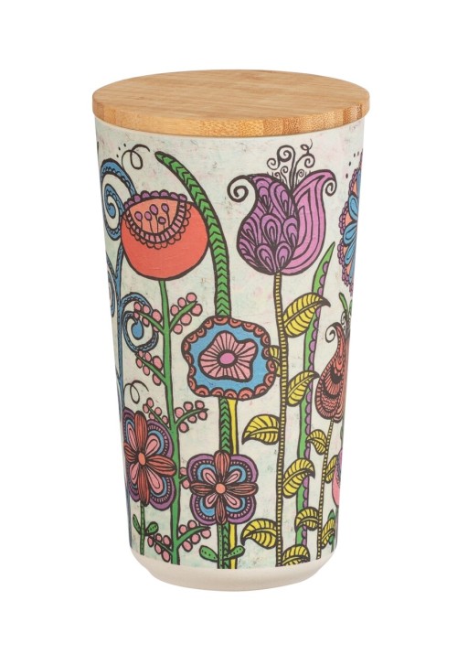 Recipient depozitare pentru bucatarie, Wenko, Flowers, 0.95 L, 10.5 x 18.5 x 10.5 cm, silicon/plastic/bambus