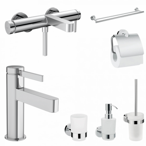 Set baterie cada si baterie lavoar Hansgrohe Finoris cu accesorii baie Hansgrohe Logis, crom lucios