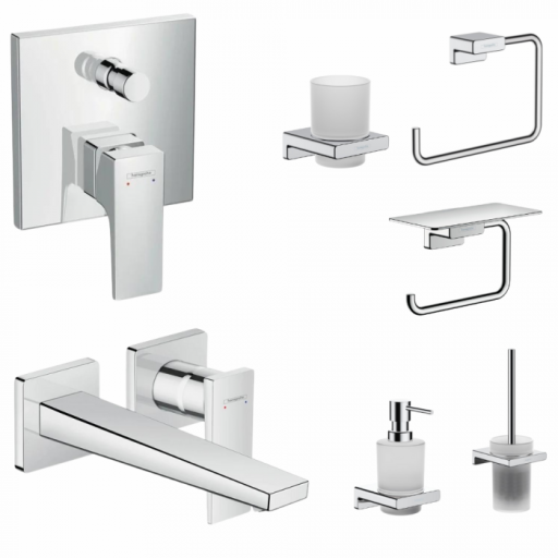 Set baterie cada si baterie lavoar Hansgrohe Metropol cu accesorii baie Hansgrohe AddStoris, crom lucios