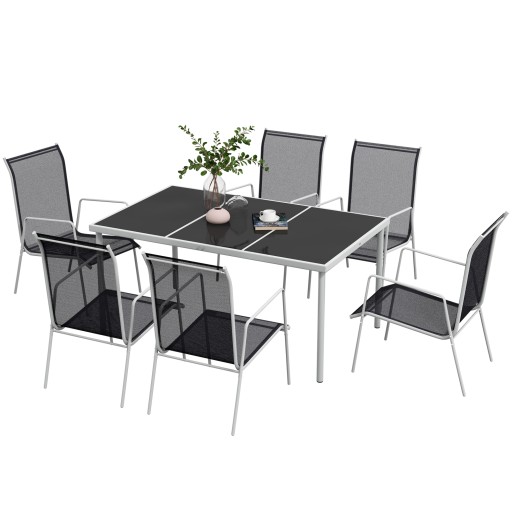 Outsunny Set de Grădină cu Masă Dreptunghiulară din Sticlă și 6 Scaune Stivuibile, Lounge de Grădină din Oțel și Textile, 150x90x72 cm, Negru