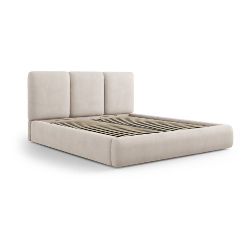 Pat matrimonial bej tapițat cu spațiu de depozitare și somieră 200x200 cm Brody – Mazzini Beds