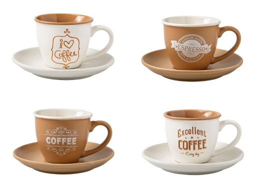 Set 4 cesti cu farfurie pentru cafea, Brandani, 60 ml, portelan