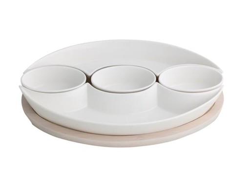 Set 5 boluri pentru aperitive si suport, Hors d'oeuvre Dish, Brandani, 31.5x20.5x4 cm, portelan/bambus, alb