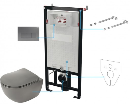 Set vas wc rimless antracit cu capac soft close, rezervor incastrat, clapeta de actionare titan si izolare fonica Deante Peonia