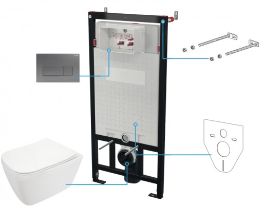 Set vas wc rimless cu capac soft close, rezervor incastrat, clapeta de actionare titan si izolare fonica Deante Hiacynt New