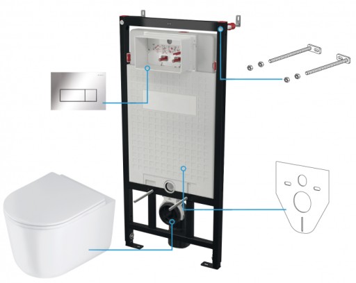 Set vas wc rimless cu capac soft close, rezervor incastrat, clapeta de actionare crom si izolare fonica Deante Jasmin