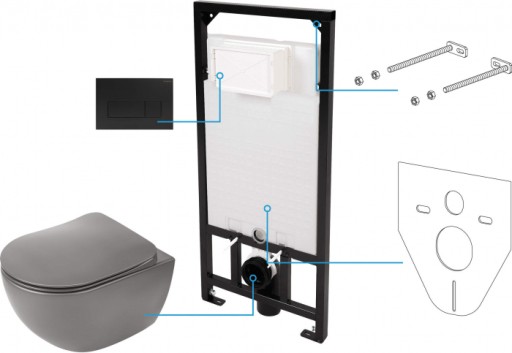 Set vas wc antracit cu capac soft close, rezervor incastrat, clapeta de actionare si izolare fonica Deante Poenia