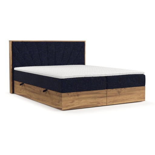 Pat boxspring albastru închis/în culoare naturală cu spațiu de depozitare 140x200 cm Asahi – Maison de Rêve