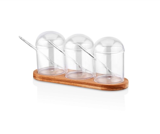 Set recipiente pentru condimente cu suport, Plasberg, 619PLS1155, Plastic, Maro/Transparent