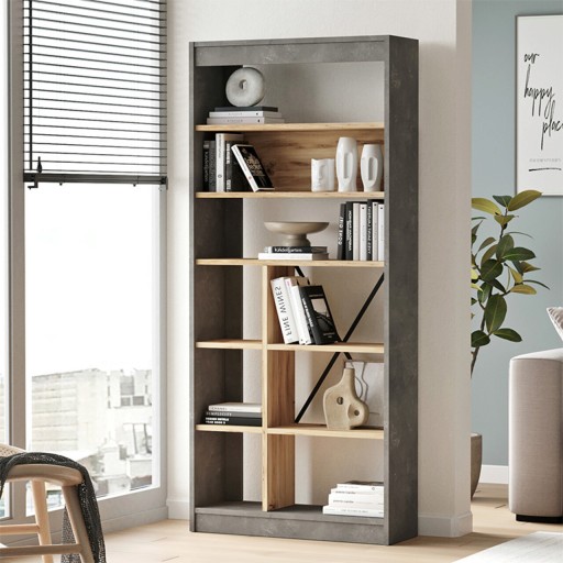 Corp biblioteca Viva, Pakoworld, 75.5x25x170 cm, PAL/metal/MDF, gri vintage/natural