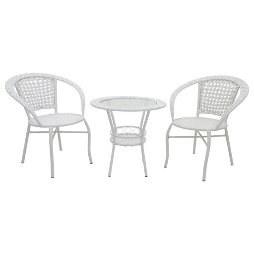 Set mobilier de gradina 3 piese Saylor, Pakoworld, masa cu 2 scaune, 60x60x57 cm, metal/ratan sintetic/sticla, alb