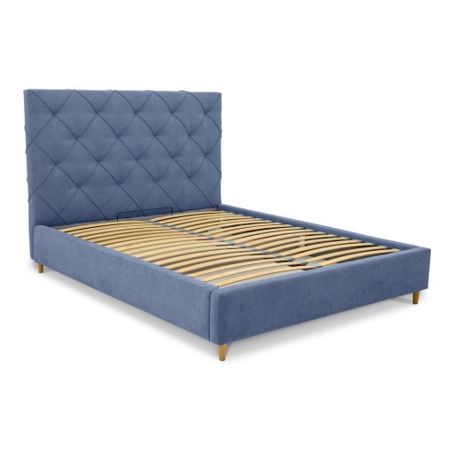 Pat matrimonial albastru tapițat cu spațiu de depozitare și somieră 140x190 cm Bee – Scandic