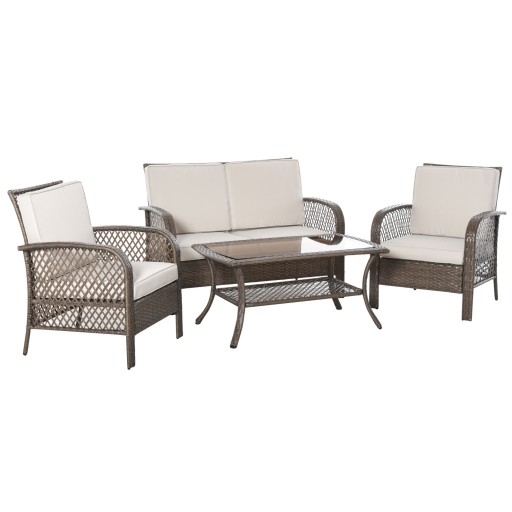 Set Mobilier de Gradina din Ratan Maro Outsunny, 4 piese, Perne Puf Kaki | Aosom Romania