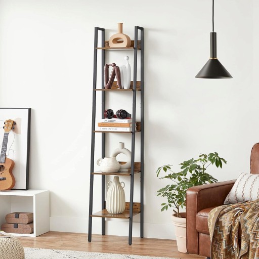 Biblioteca cu 5 rafturi Vasagle Ladder, 33.8x30x170 cm, PAL/otel, maro/rustic