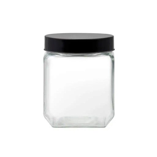 Recipient cu capac Milos Square, Domotti, 11.4 x 14.5 cm, 1.3 L, sticla/inox, transparent/negru