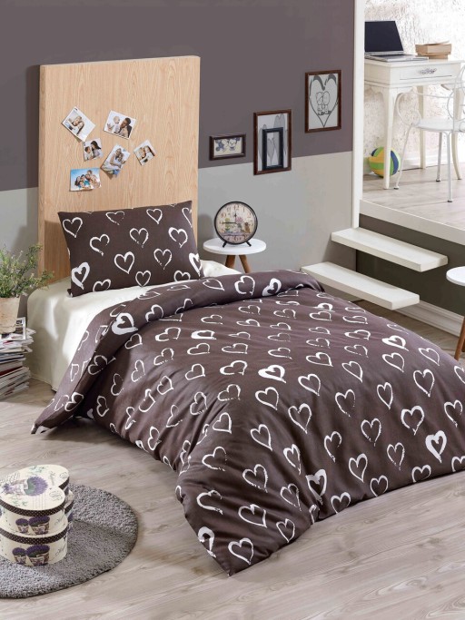 Lenjerie de pat pentru o persoana, Amaour - Brown, Eponj Home, 65% bumbac/35% poliester