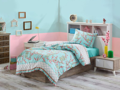 Lenjerie de pat pentru o persoana, Birdcage - Turquoise, Eponj Home, 65% bumbac/35% poliester