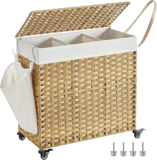 Cos de rufe tesut manual cu 3 compartimente, buzunar lateral si roti, Vasagle, 140 L, 66x36x60 cm, poliratan/metal/bumbac, natural