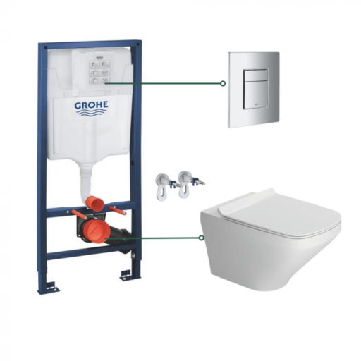 Set vas wc suspendat rimless cu capac soft close Bristol si set rezervor wc incastrat Grohe Rapid SL cu set fixare si clapeta crom Skate Cosmopolitan Grohe