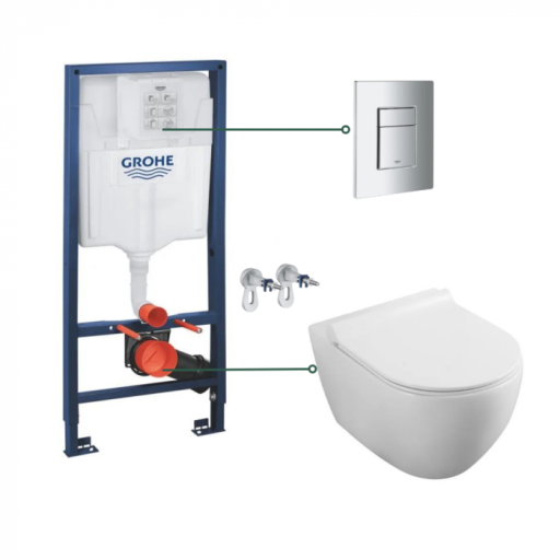 Set vas wc suspendat rimless cu capac soft close Fluminia, Minerva si set rezervor wc incastrat Grohe Rapid SL cu set fixare si clapeta crom Skate Cosmopolitan Grohe